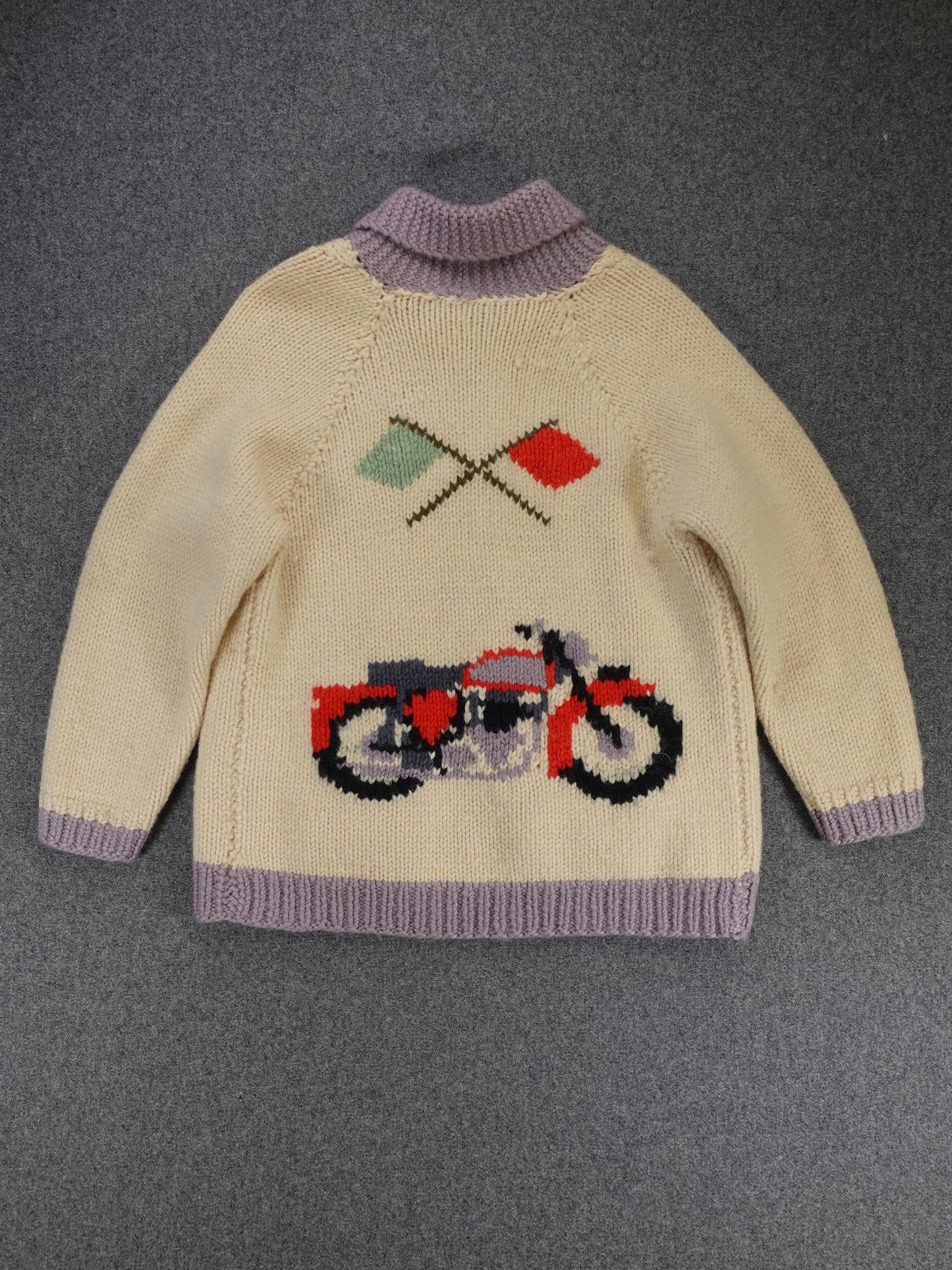 1960s - Hand Knit Mary Maxim Style Motorcycle Pattern Cowichan Sweater