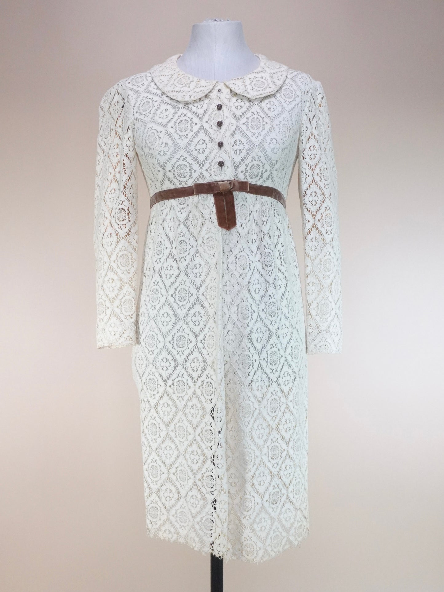 1960s - Made In London Open Front Lace Dress With Velvet Waist Ribbon Detailing