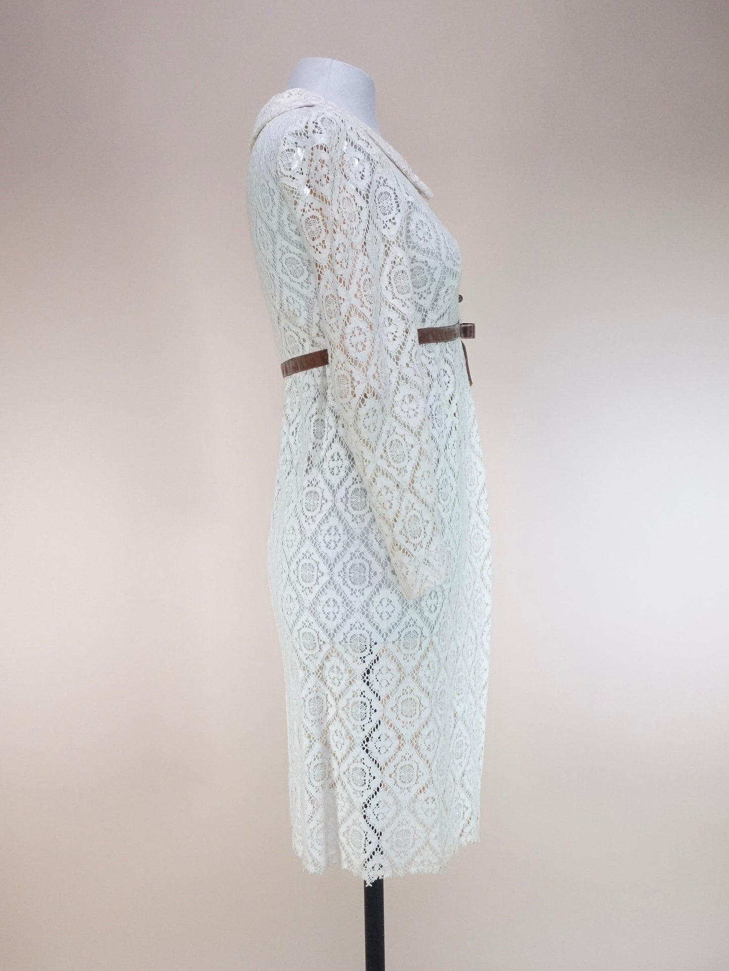 1960s - Made In London Open Front Lace Dress With Velvet Waist Ribbon Detailing