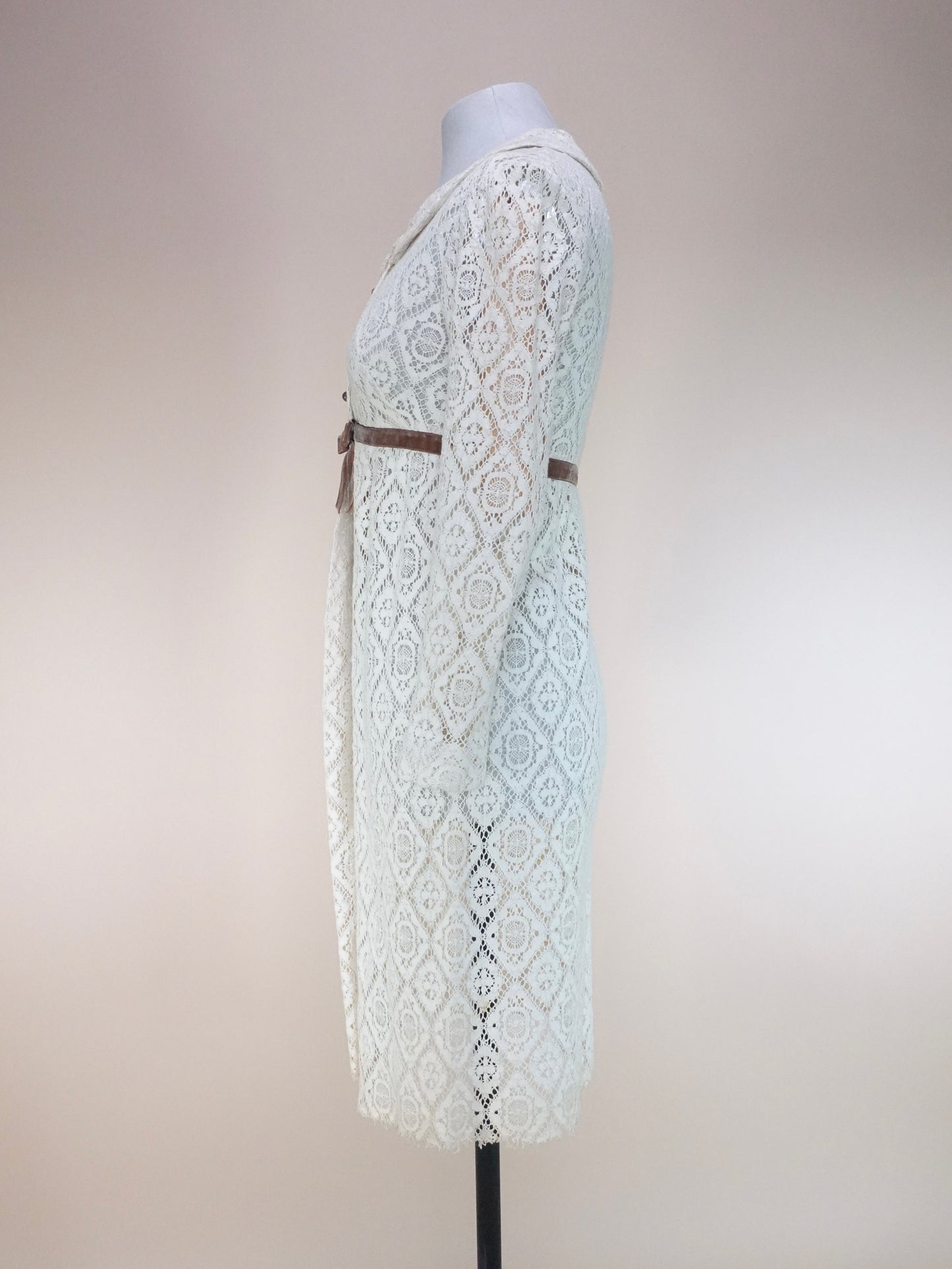 1960s - Made In London Open Front Lace Dress With Velvet Waist Ribbon Detailing