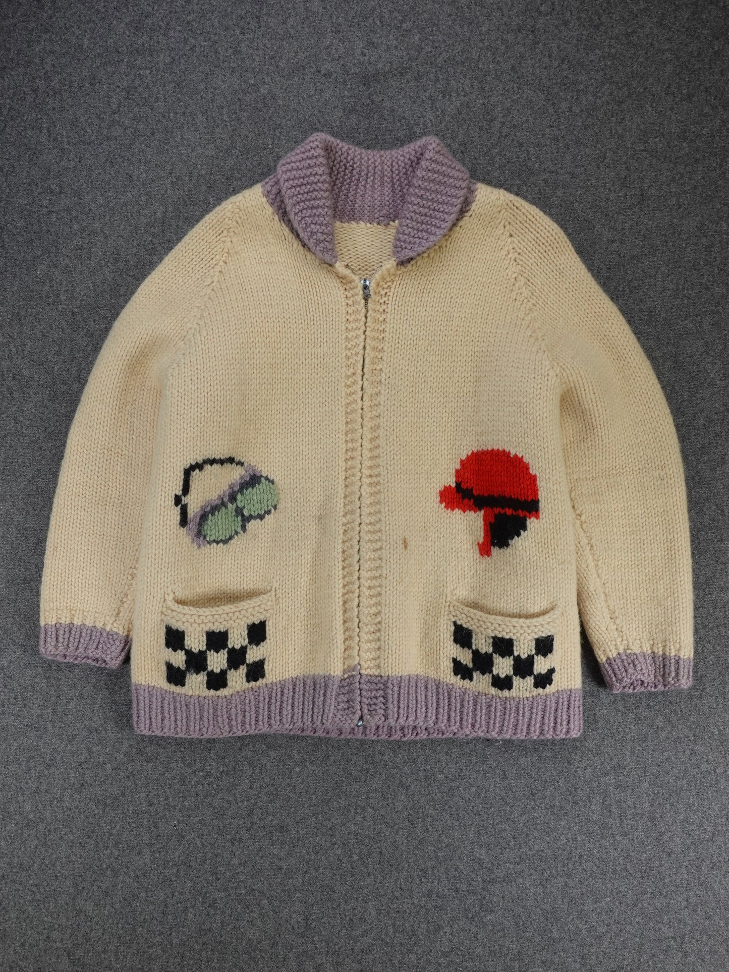 1960s - Hand Knit Mary Maxim Style Motorcycle Pattern Cowichan Sweater