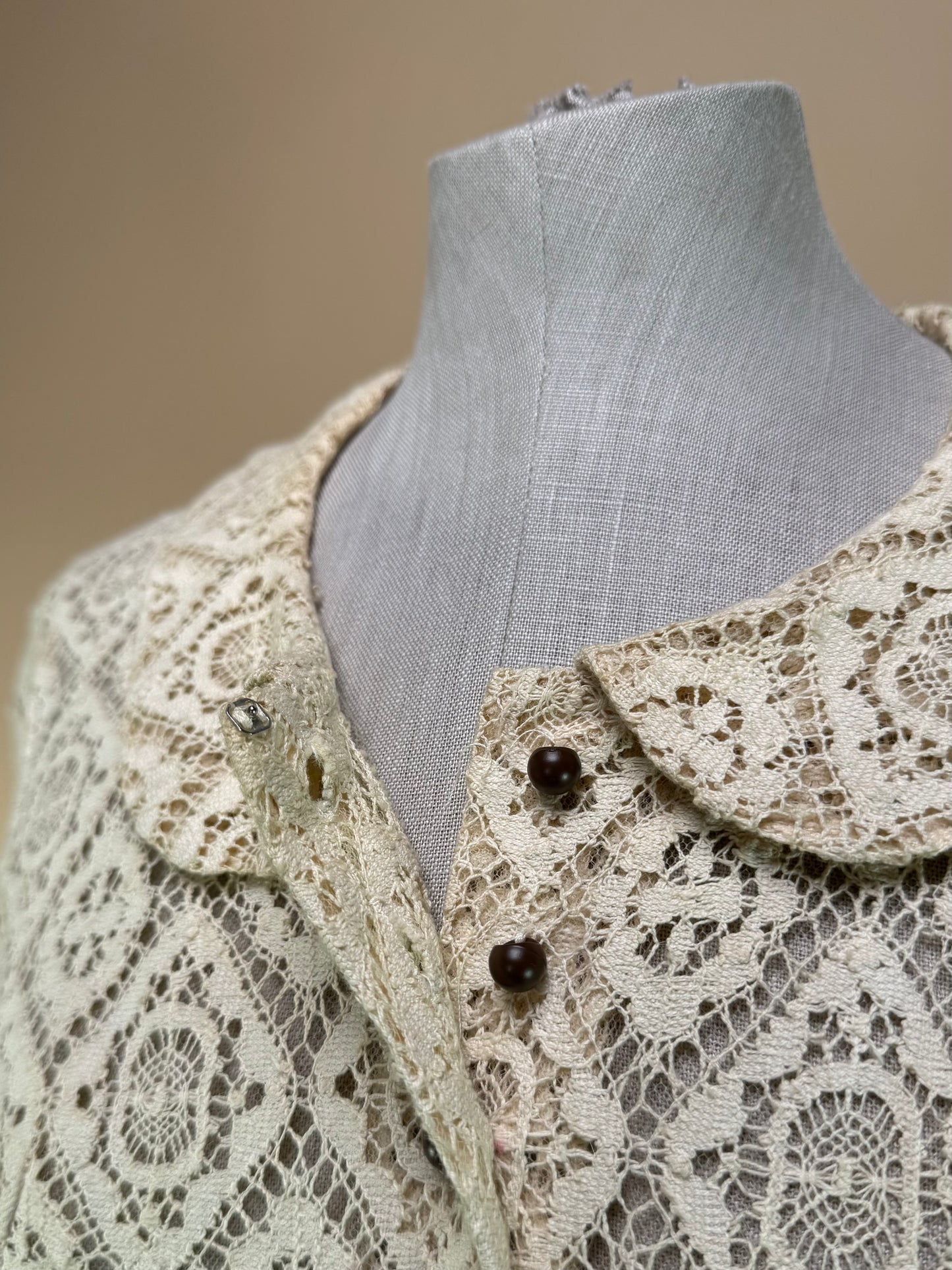 1960s - Made In London Open Front Lace Dress With Velvet Waist Ribbon Detailing