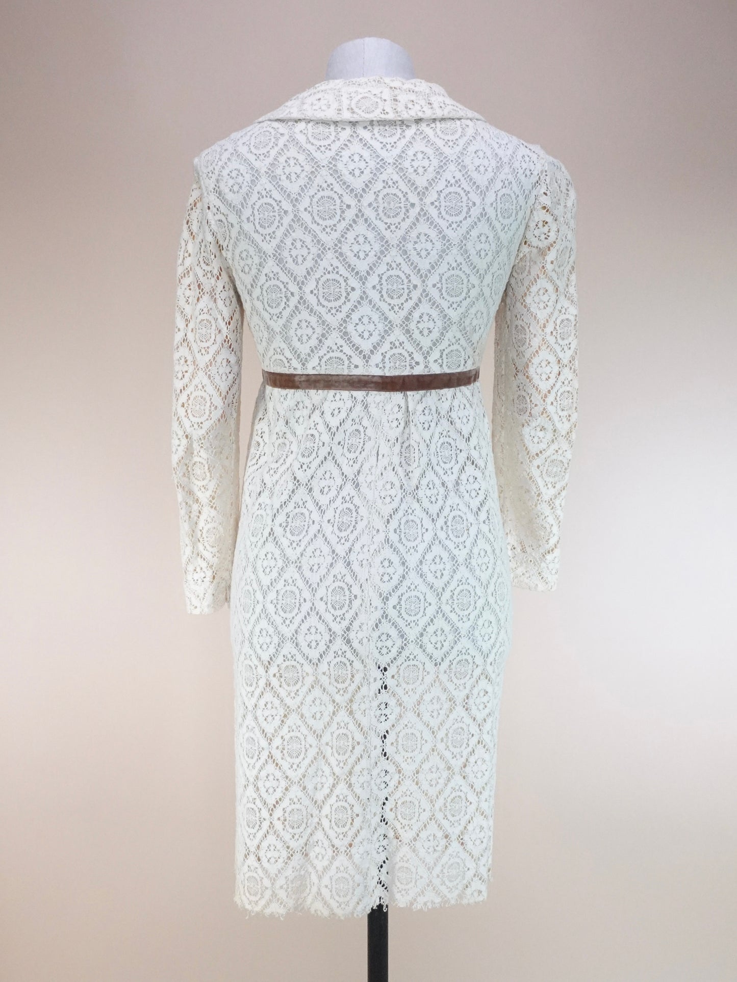 1960s - Made In London Open Front Lace Dress With Velvet Waist Ribbon Detailing
