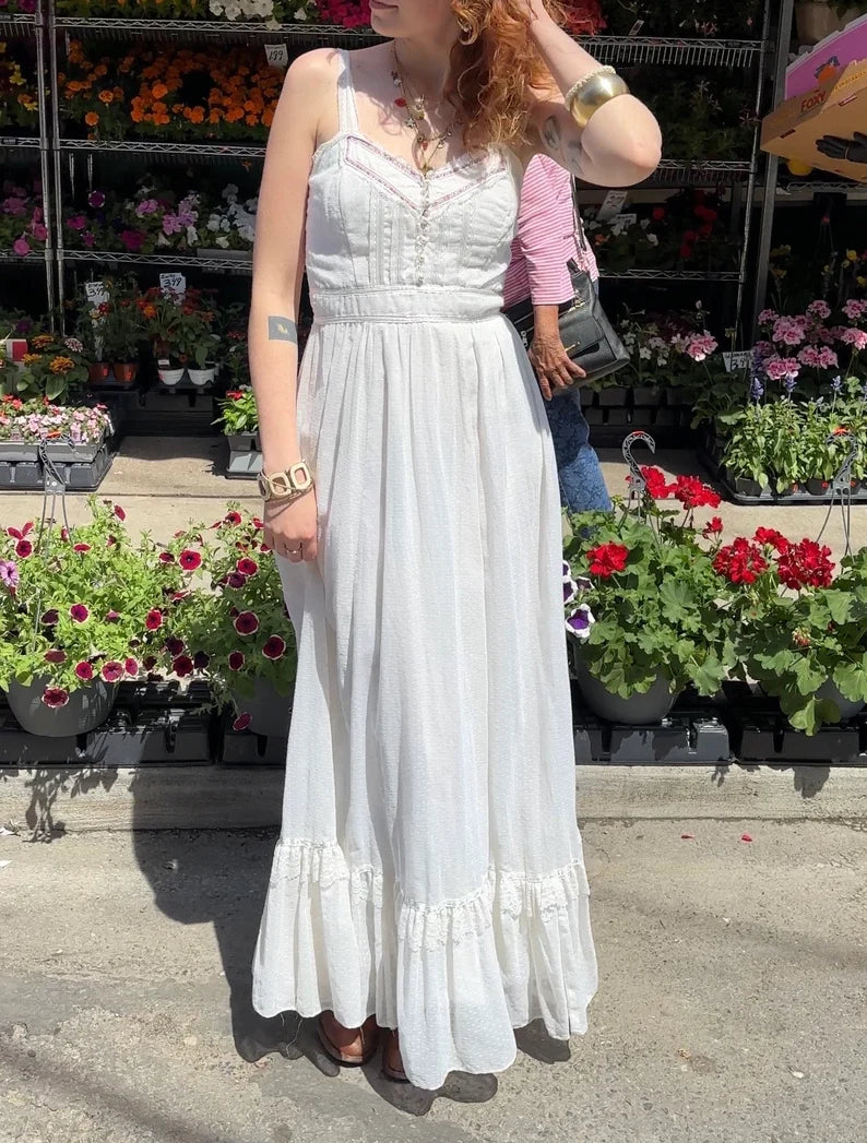1970S - GUNNE SAX WHITE SLEEVELESS COTTAGE CORE DRESS