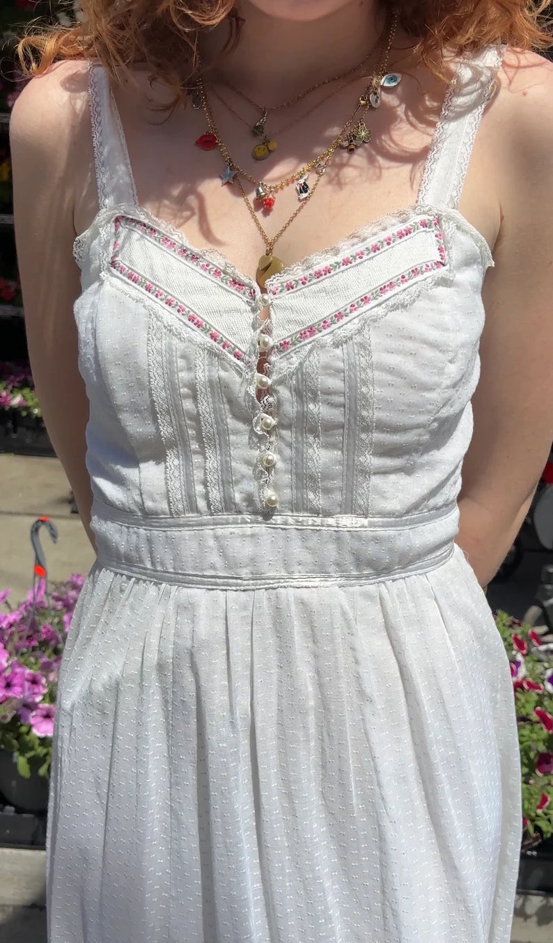 1970S - GUNNE SAX WHITE SLEEVELESS COTTAGE CORE DRESS