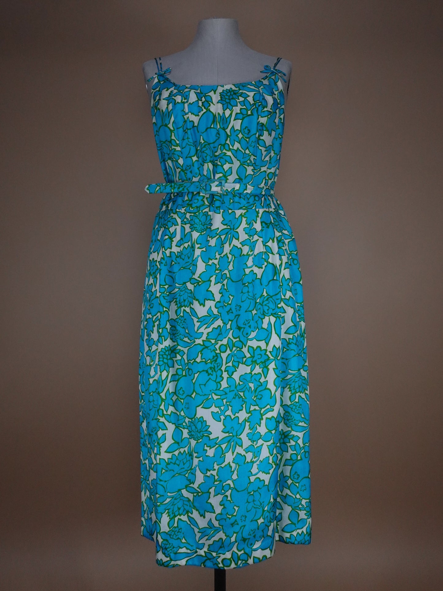 1960s - Floral Blueberry Pattern Silk Belted Sun Dress