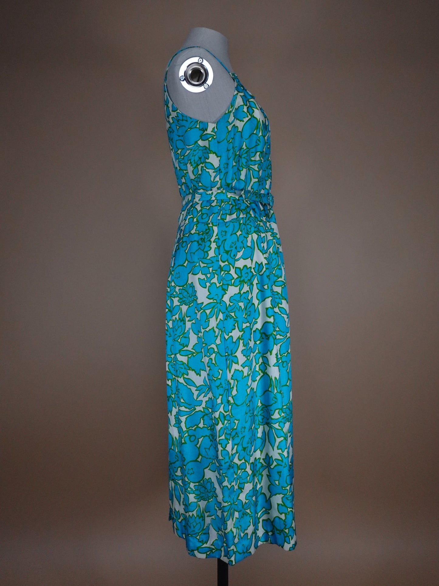 1960s - Floral Blueberry Pattern Silk Belted Sun Dress
