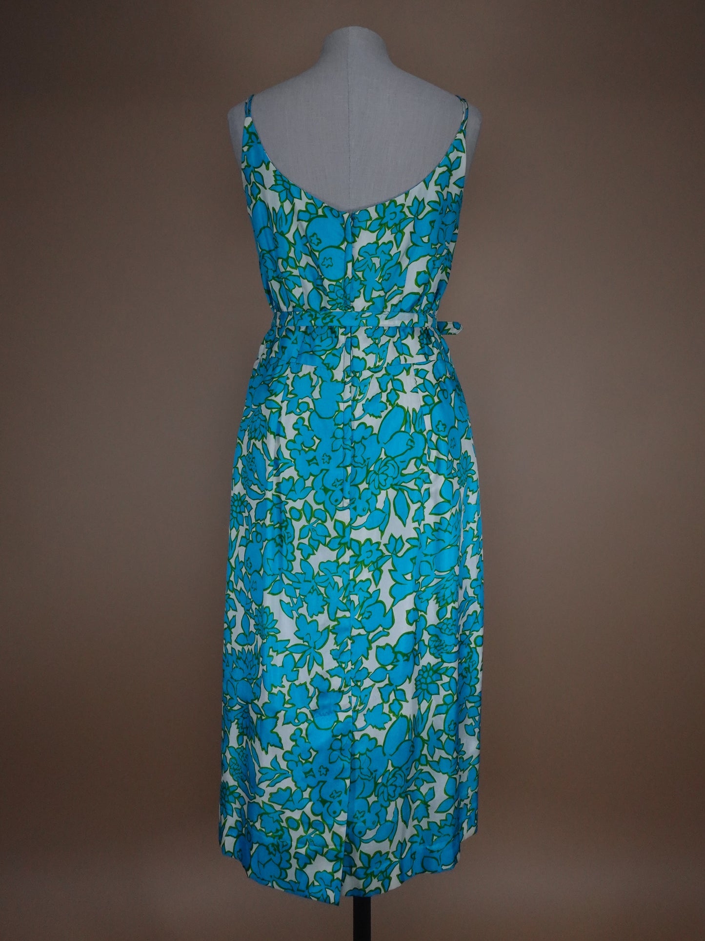 1960s - Floral Blueberry Pattern Silk Belted Sun Dress