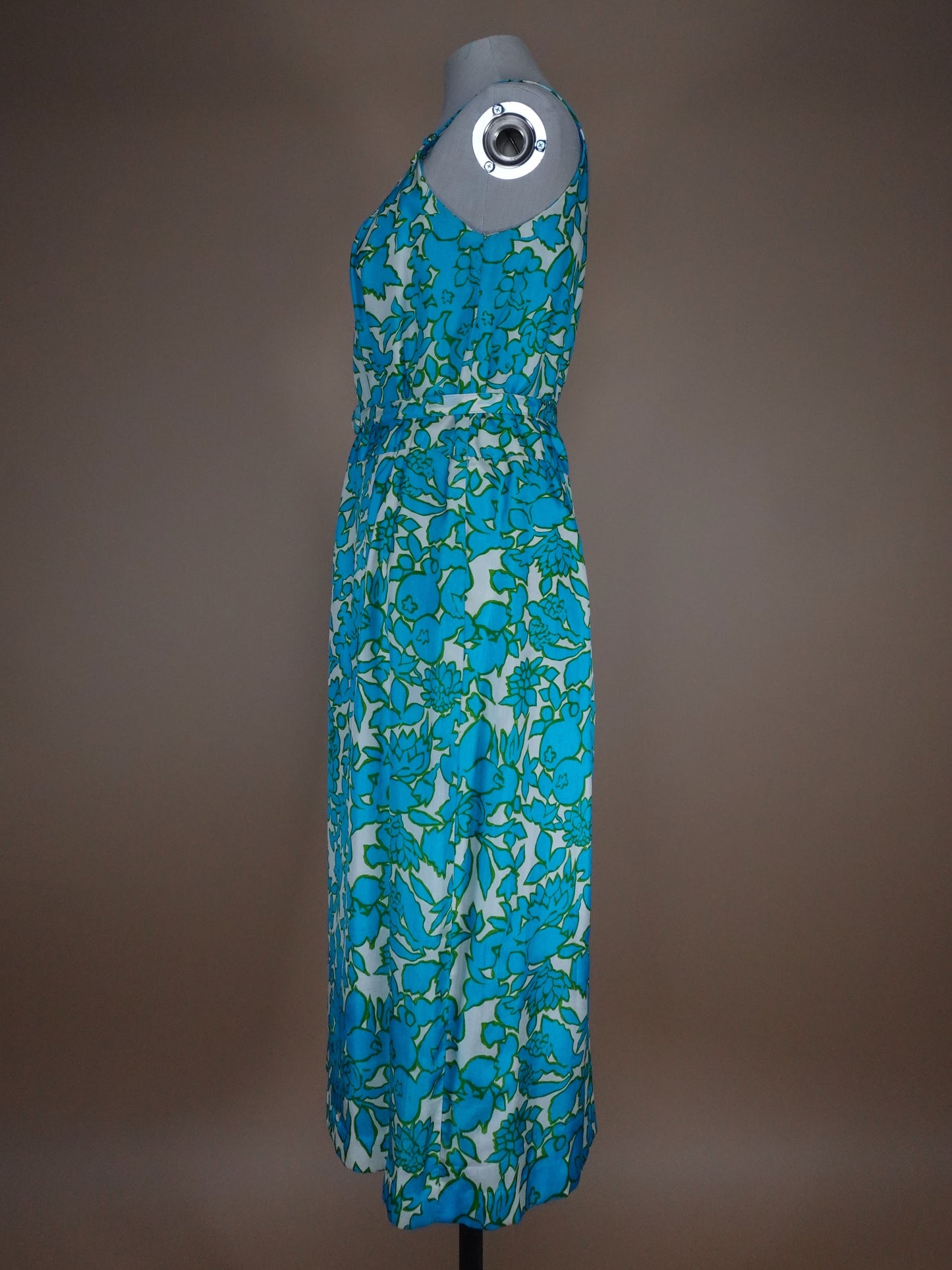 1960s - Floral Blueberry Pattern Silk Belted Sun Dress