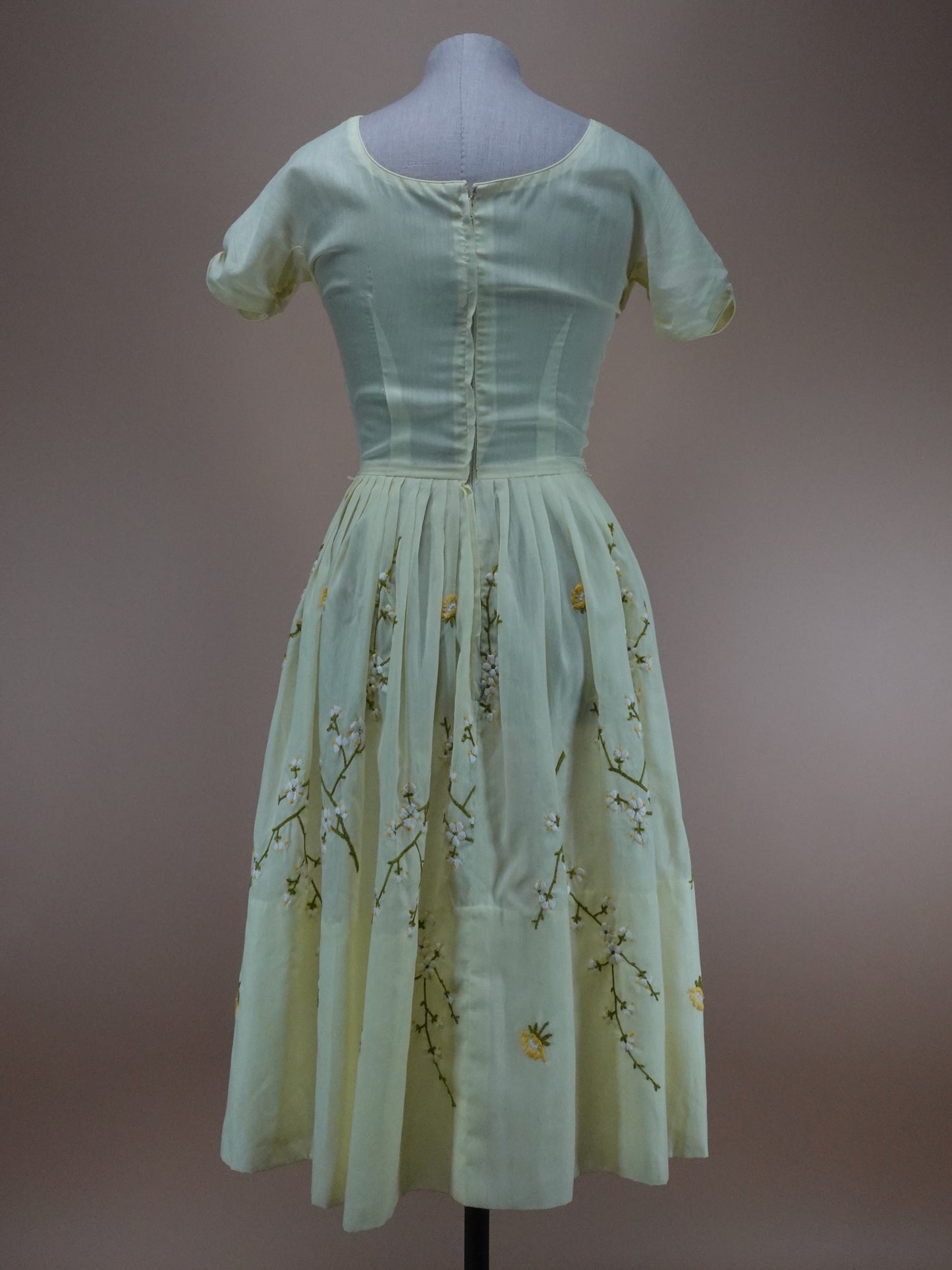 Vintage 1950s - Lemon Yellow Flower Embroidery Day Dress