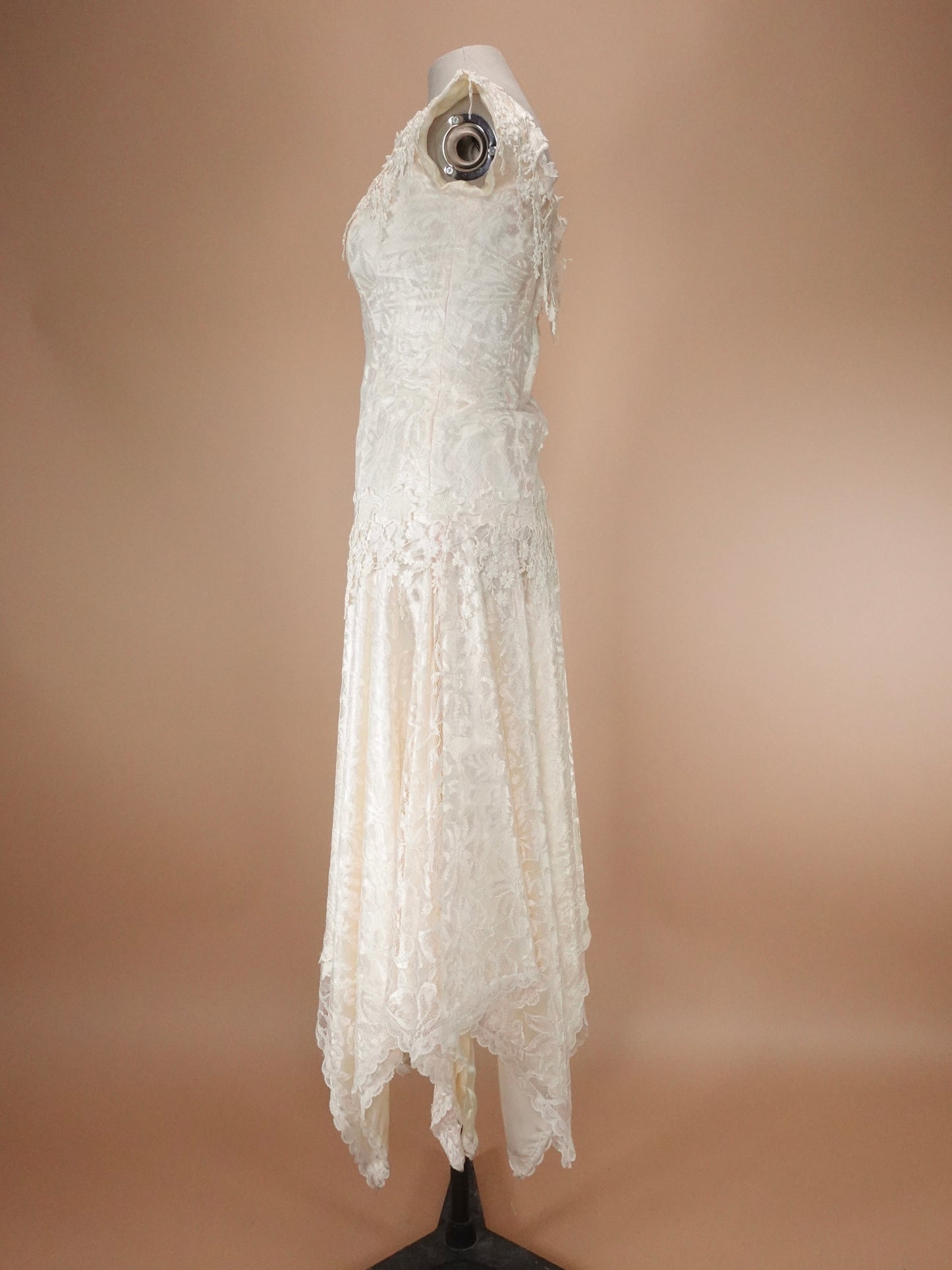 Vintage 1980s | Loralie Lace Wedding Dress W/ Handkerchief Hem