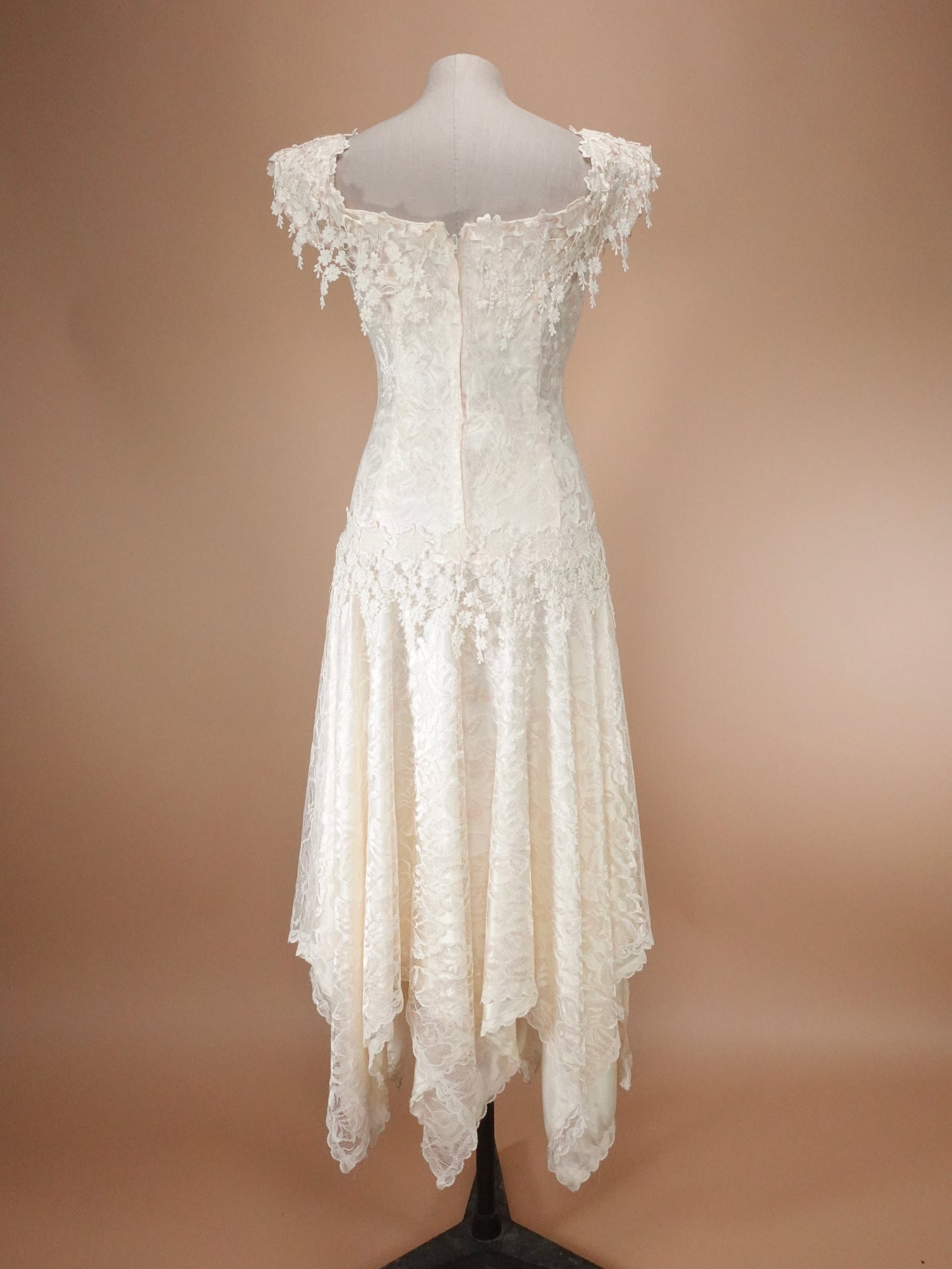 Vintage 1980s | Loralie Lace Wedding Dress W/ Handkerchief Hem