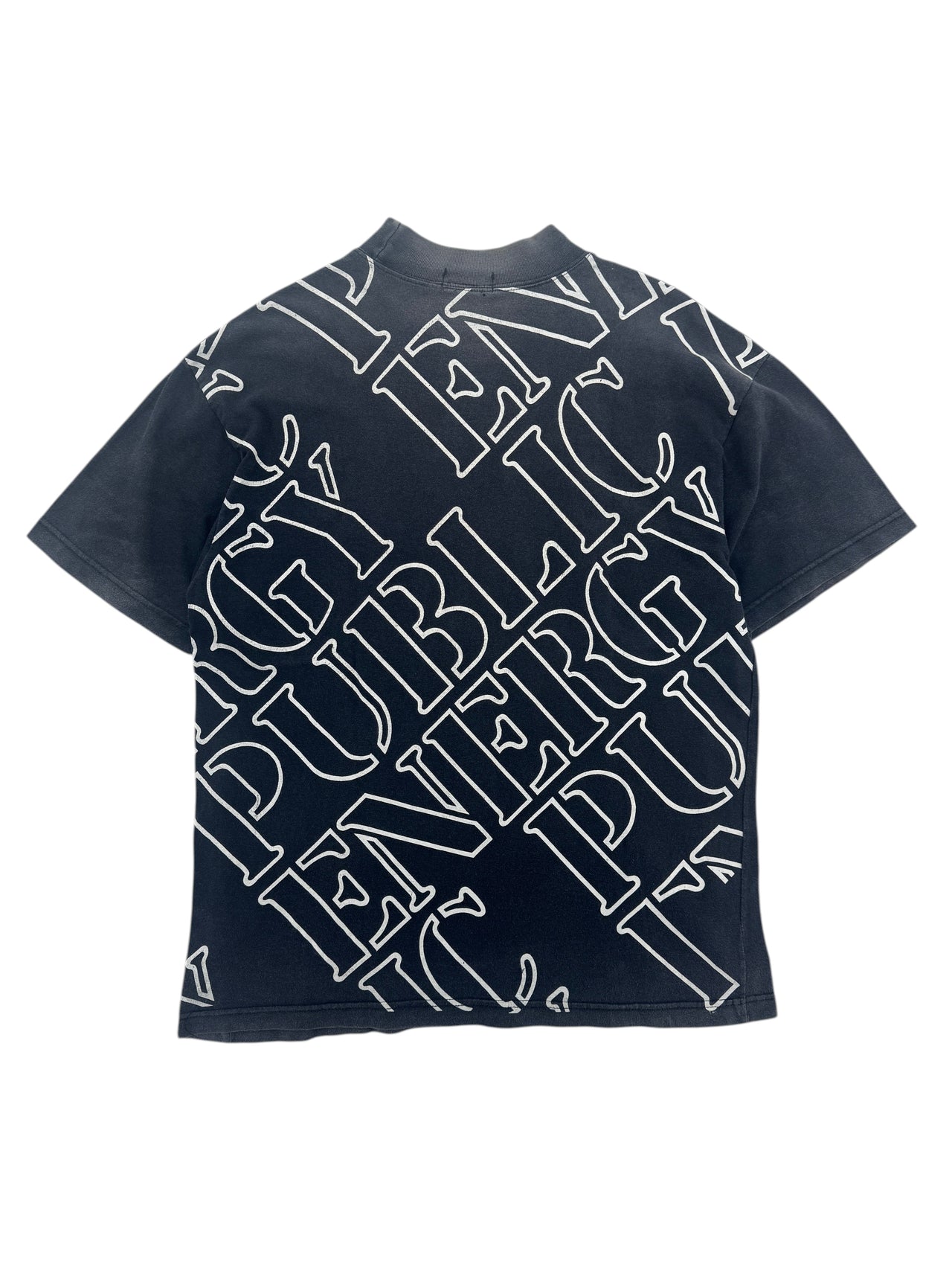 Exile Vintage 1990s Public Energy bootleg t-shirt with graphic print of three men and distressed black cotton fabric.