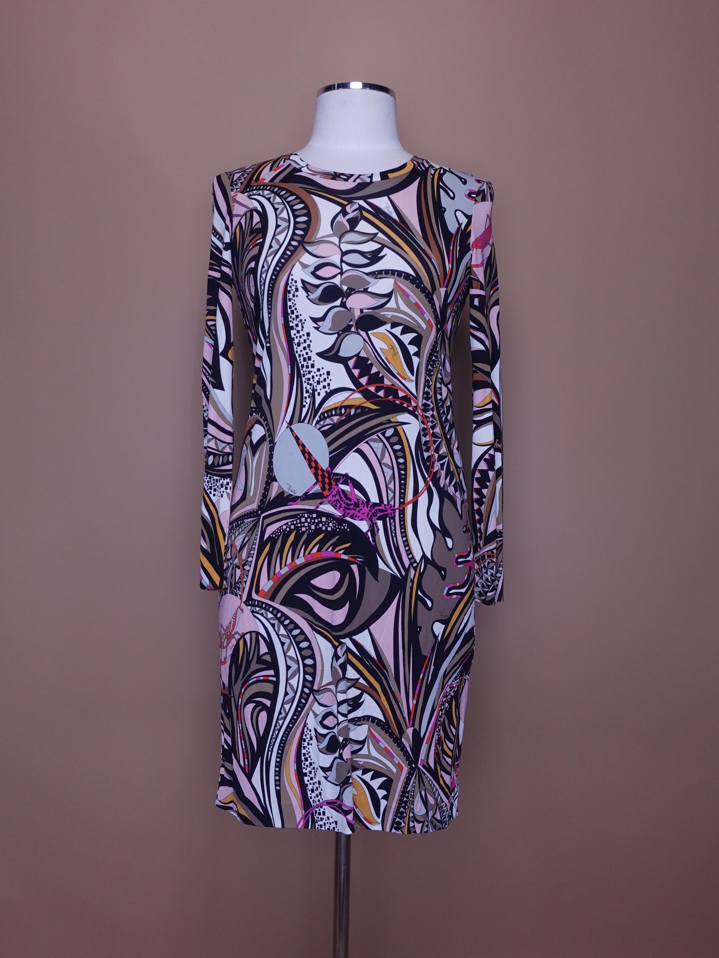 Vintage 1980s Emilio Pucci / Long Sleeve Dress / Bodycon / Colorful Print