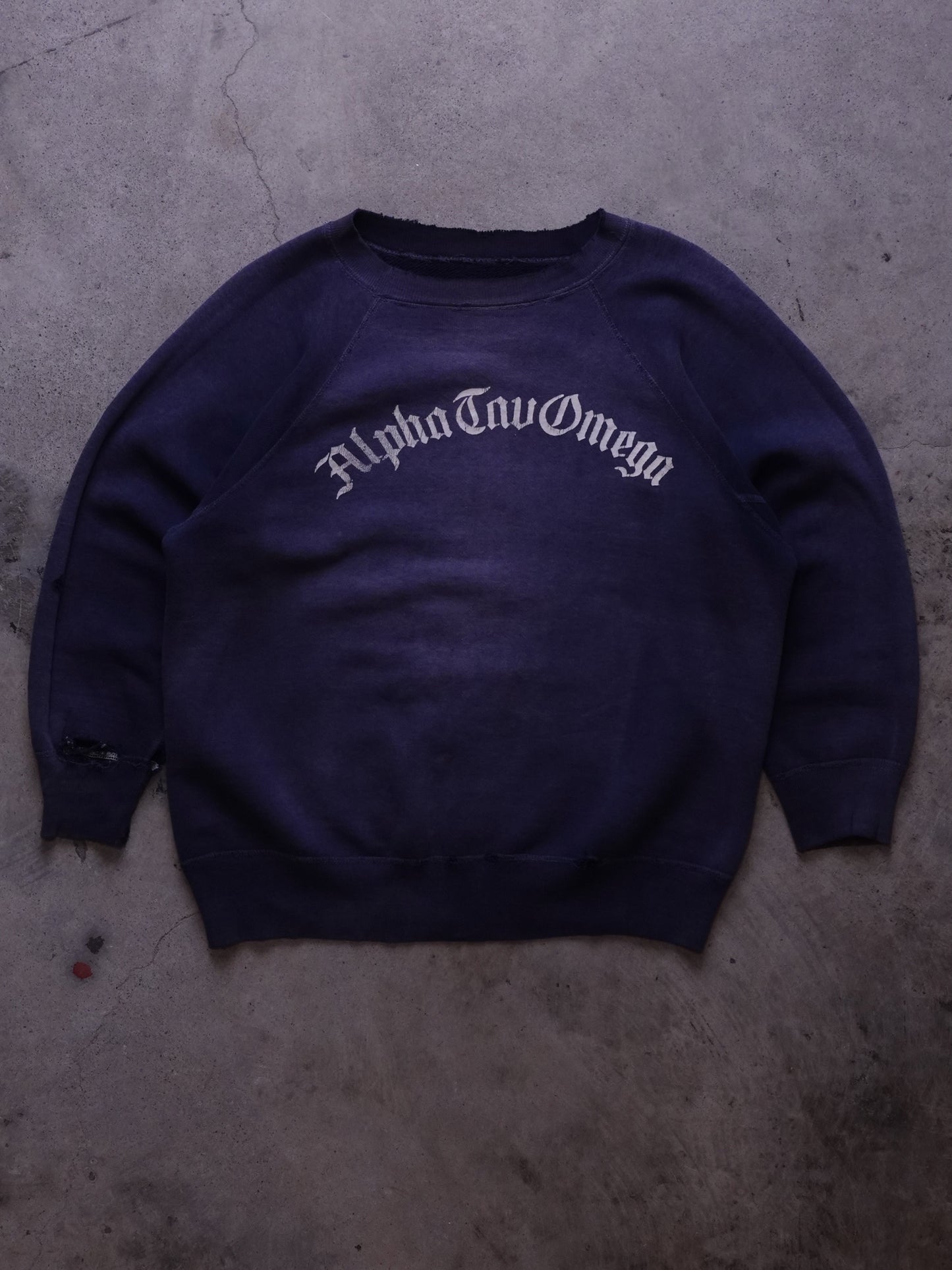 1970s - "Alpha Omega" Faded Distressed Navy Blue Cotton Crewneck Sweatshirt