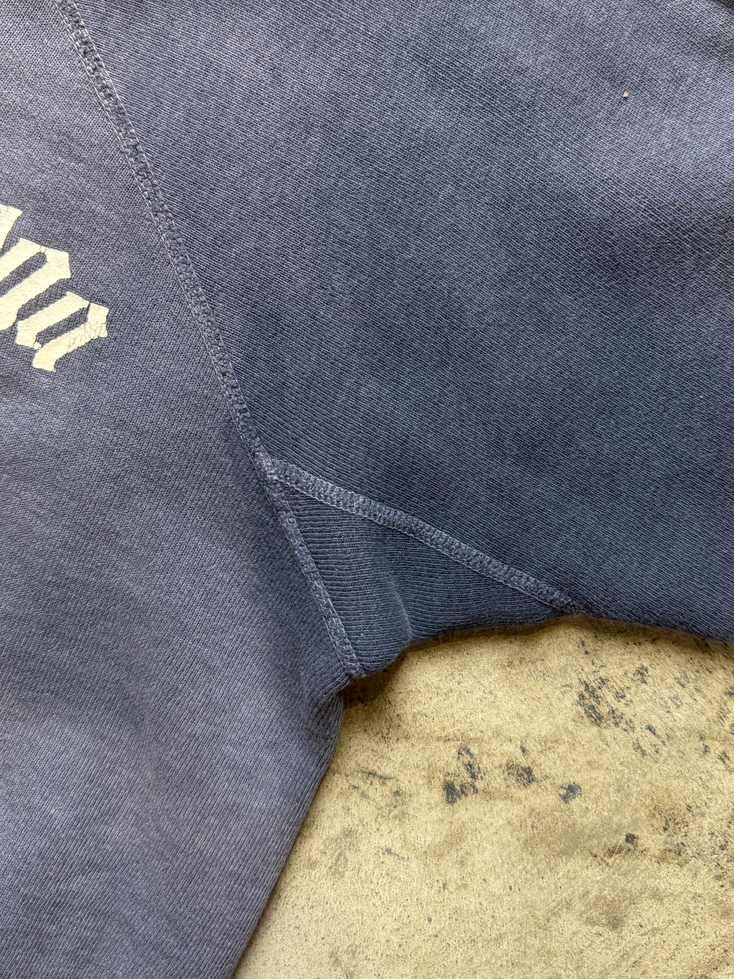 1970s - "Alpha Omega" Faded Distressed Navy Blue Cotton Crewneck Sweatshirt