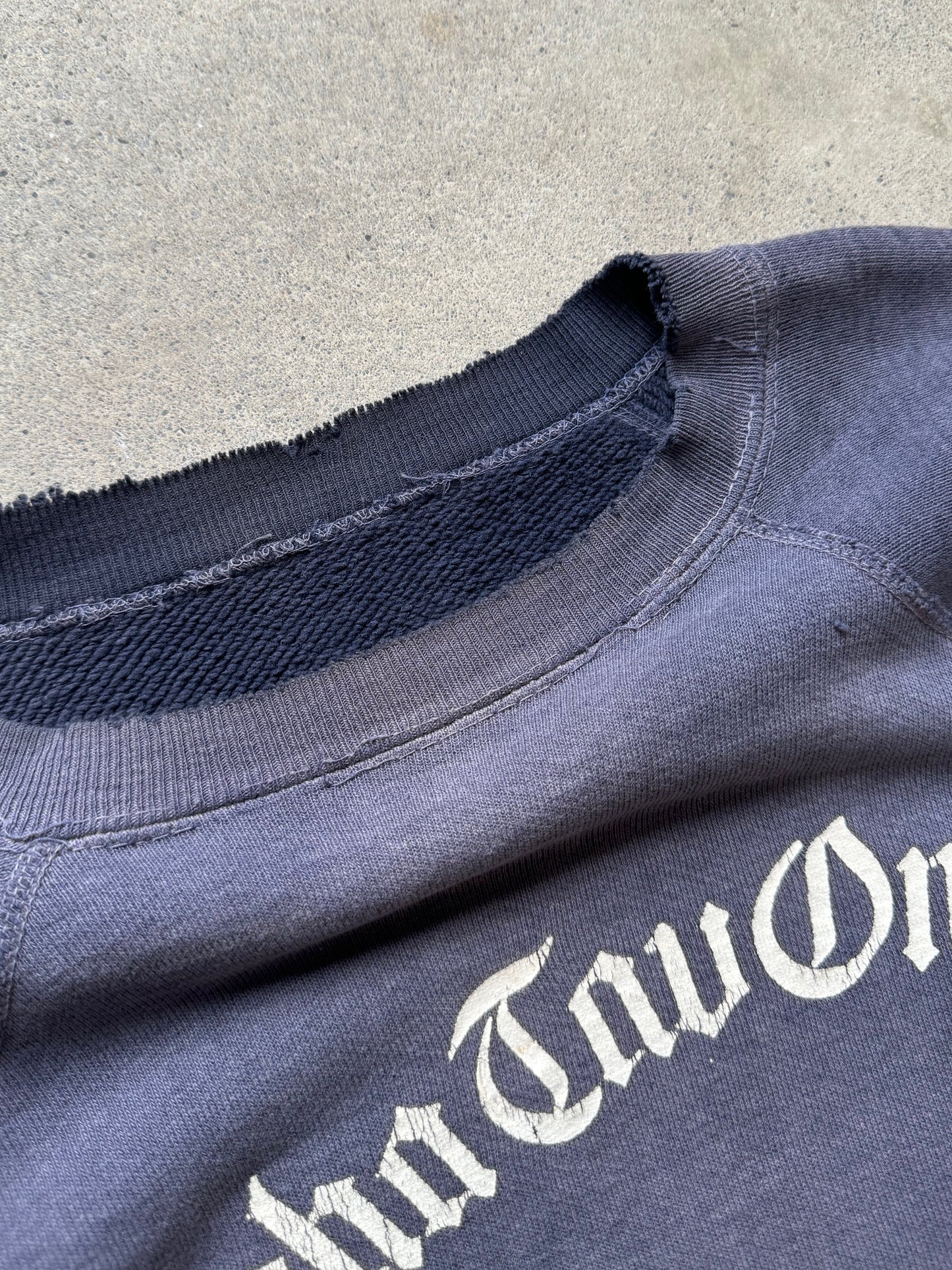 1970s - "Alpha Omega" Faded Distressed Navy Blue Cotton Crewneck Sweatshirt