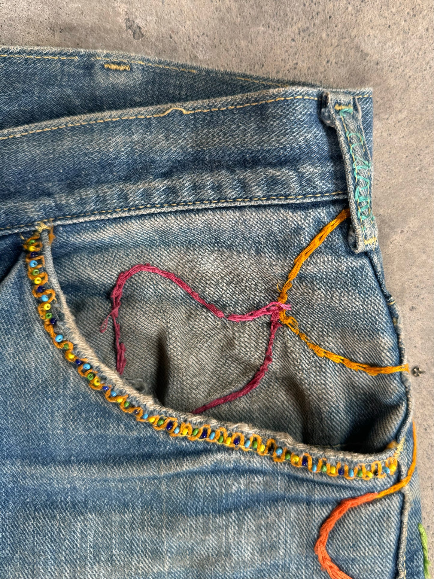 1970s - Lee Hand Embroidered Flared Denim Jeans “Legalize Pot”
