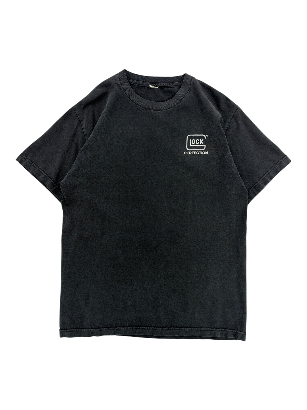Exile Vintage black 1990s t-shirt featuring a white Glock Perfection logo on the chest