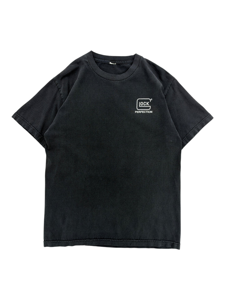 Exile Vintage black 1990s t-shirt featuring a white Glock Perfection logo on the chest