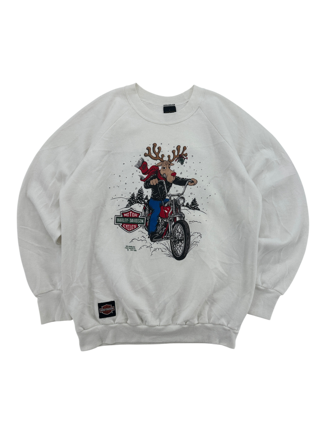 Exile Vintage white 1990s Harley Davidson crewneck sweatshirt featuring a reindeer riding a motorcycle graphic