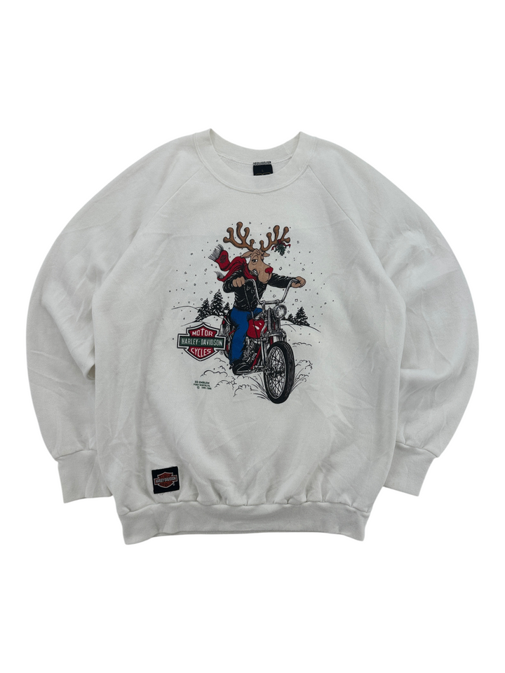 Exile Vintage white 1990s Harley Davidson crewneck sweatshirt featuring a reindeer riding a motorcycle graphic