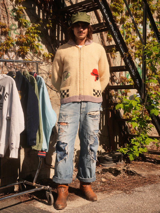 1960s - Hand Knit Mary Maxim Style Motorcycle Pattern Cowichan Sweater