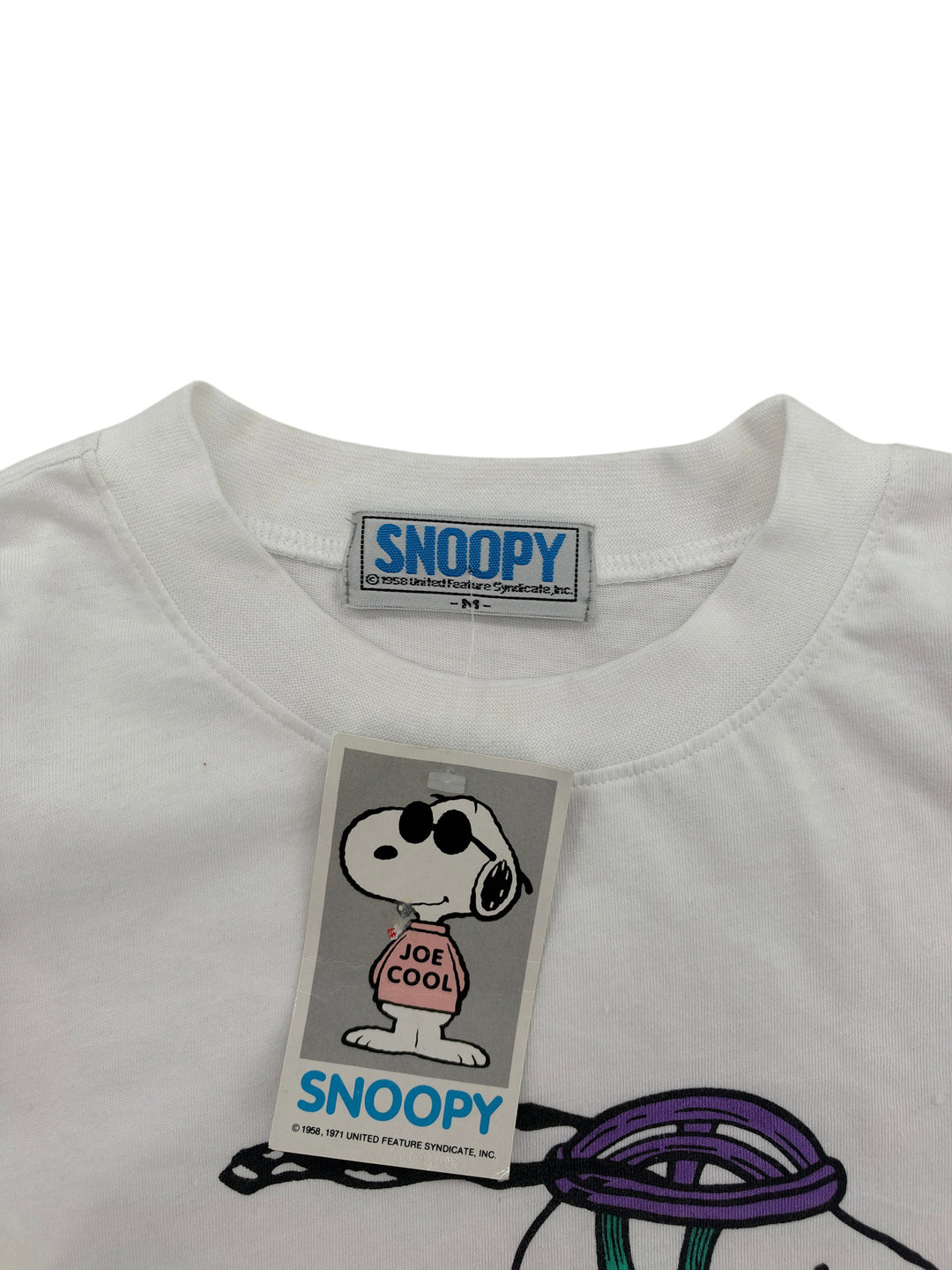 Exile Vintage 1990s Snoopy cycling t-shirt white cotton with Joe Cool tag and branded neck label