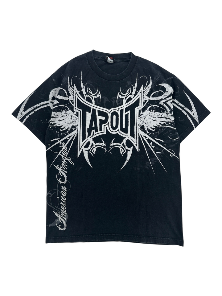 Exile Vintage Y2K Tapout black t-shirt with white tribal graphic print and American Fighter text on the front