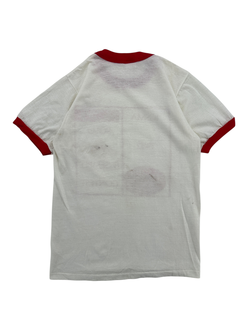 Exile Vintage 1980s white ringer t-shirt with red collar and sleeve trim, back view of vintage graphic tee