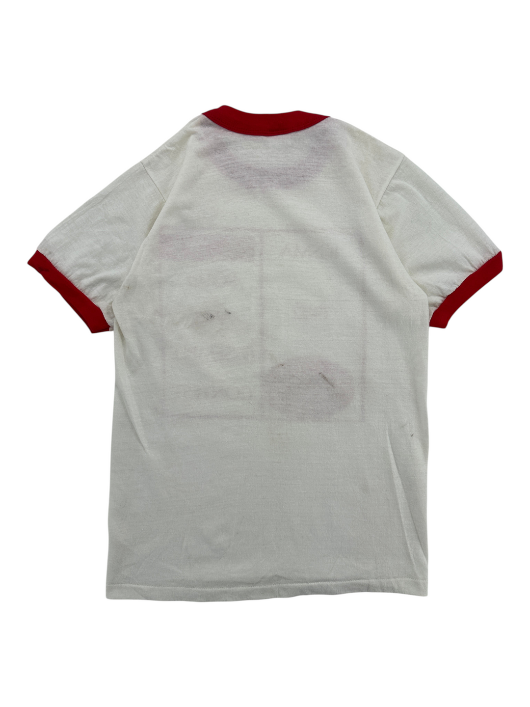 Exile Vintage 1980s white ringer t-shirt with red collar and sleeve trim, back view of vintage graphic tee