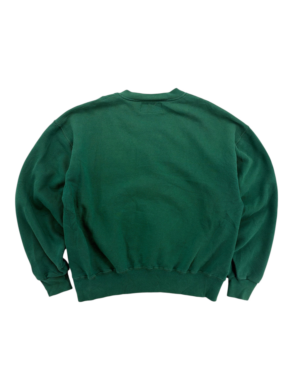 Back view of a vintage green L.L. Bean crewneck sweatshirt from Exile Vintage, featuring a classic ribbed hem.