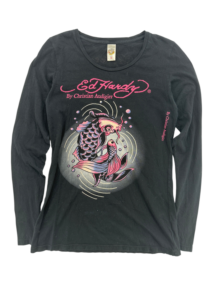 Exile Vintage black long sleeve Ed Hardy t-shirt featuring a pink and purple koi fish graphic print