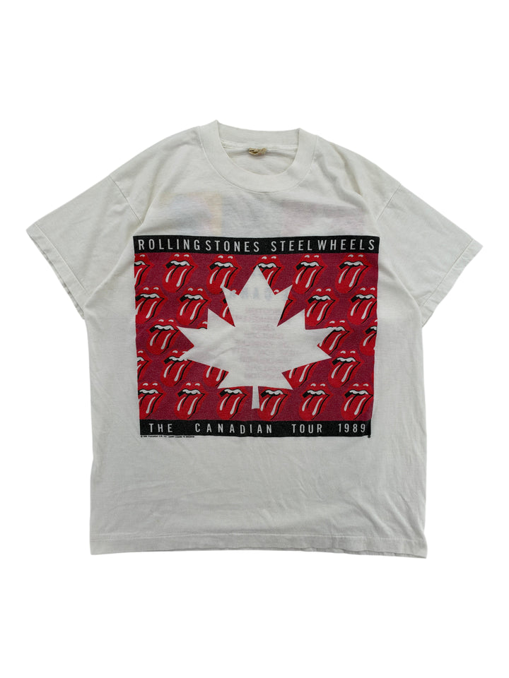 Exile Vintage white 1989 Rolling Stones Steel Wheels Canadian tour t-shirt with red maple leaf and tongue logo graphic
