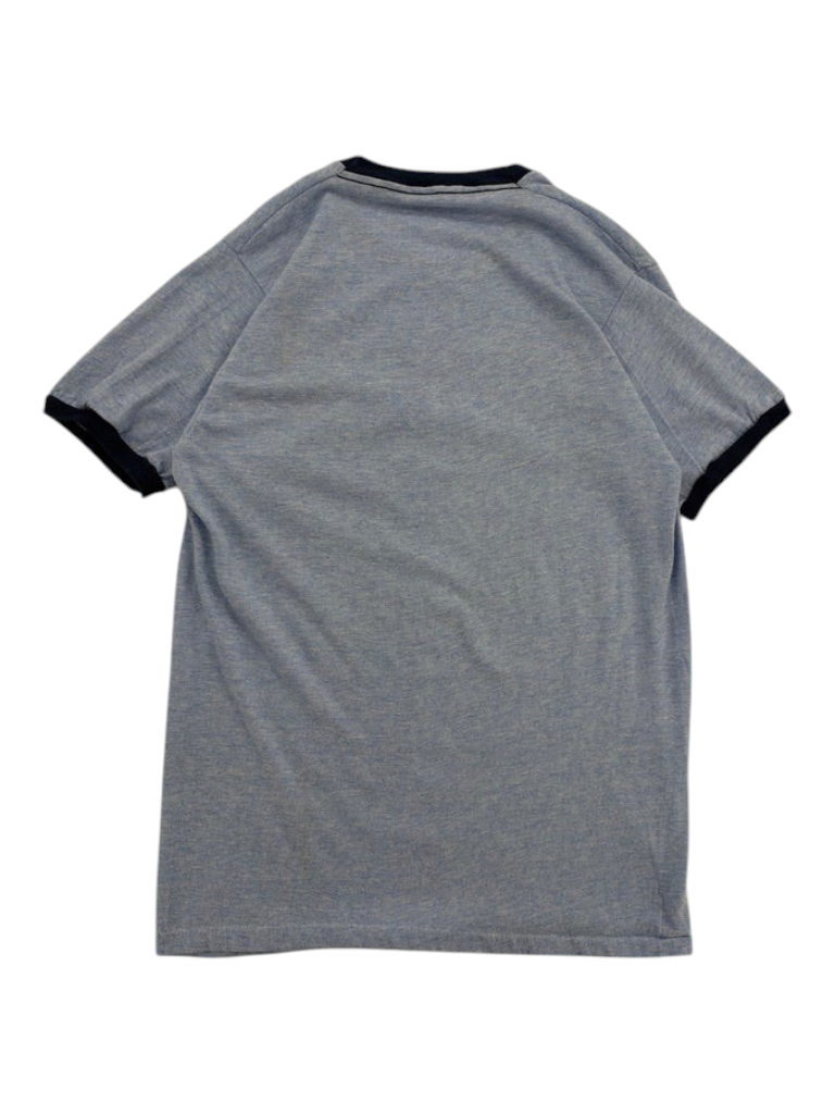 Exile Vintage 1970s blue ringer t-shirt with dark navy trim on the collar and sleeves, back view.