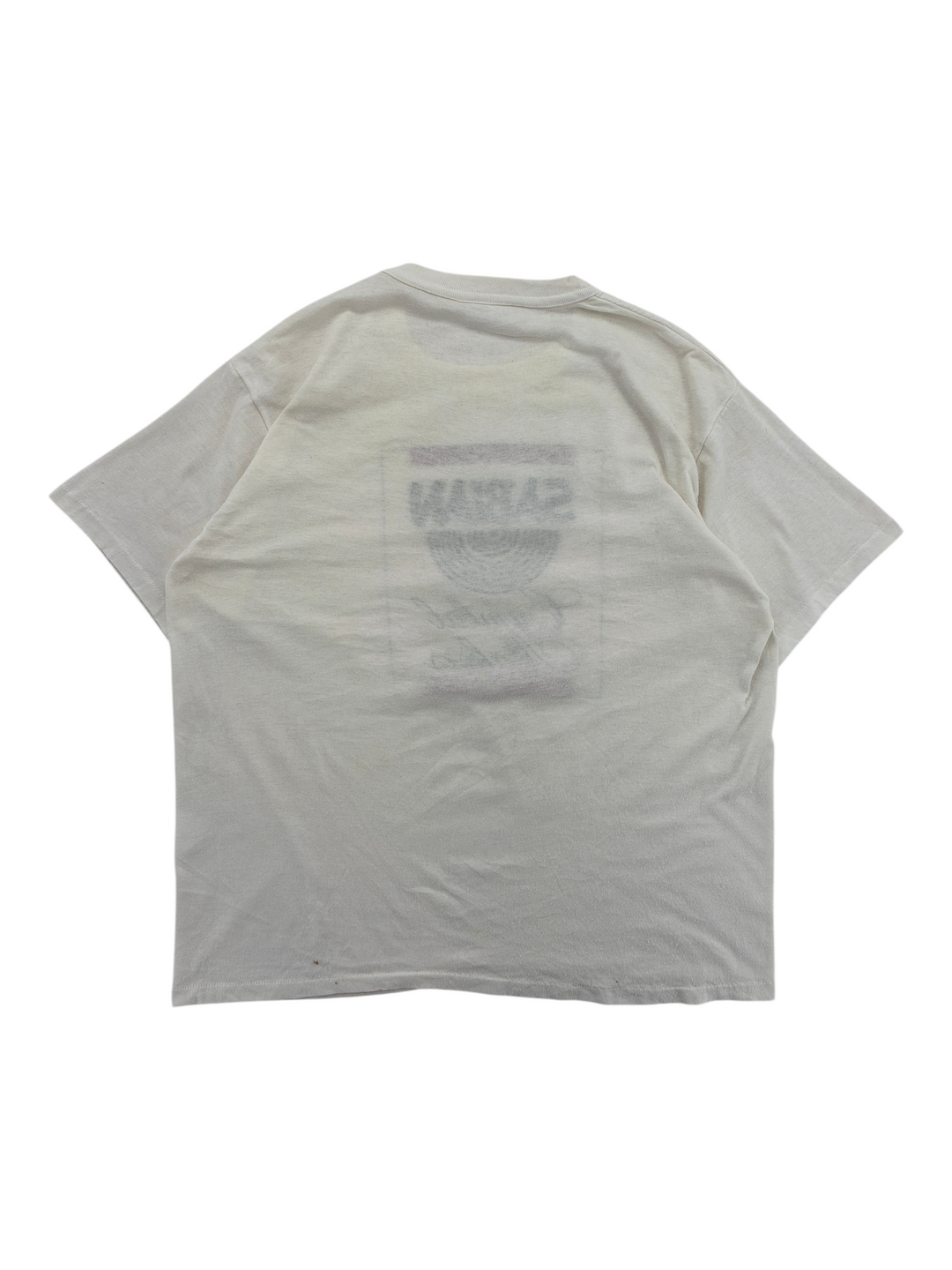 Exile Vintage 1980s white graphic t-shirt with faded cymbal maker print on the back