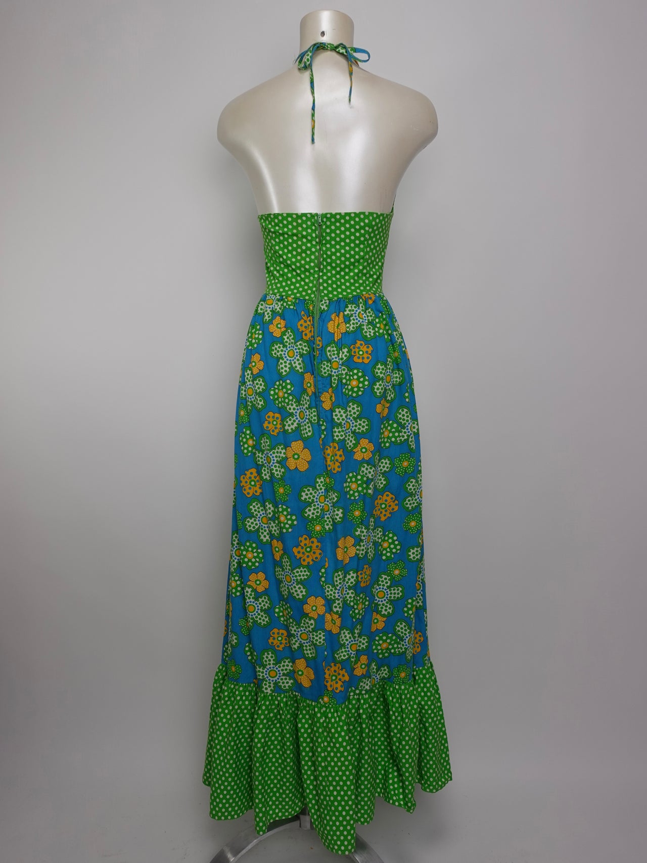 1970S - FLORAL POOLKA DOT HALTER MAXI DRESS