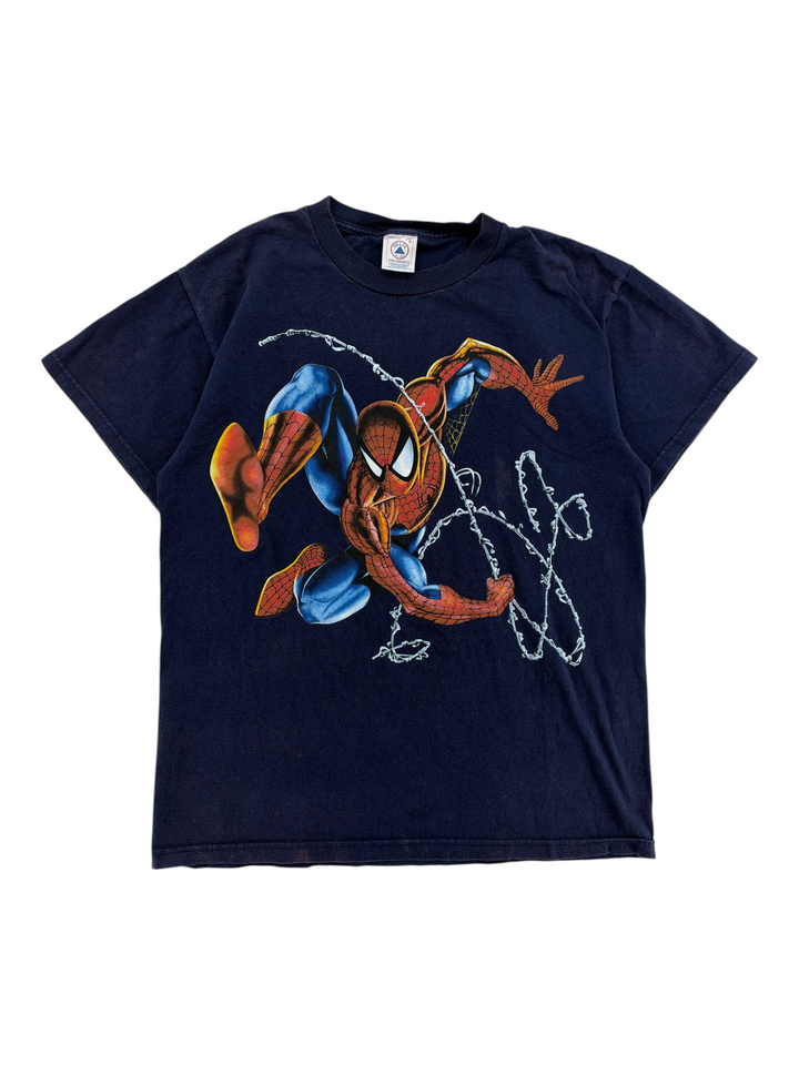 Exile Vintage 1990s black Spider-Man graphic t-shirt with a dynamic comic book character print on the front