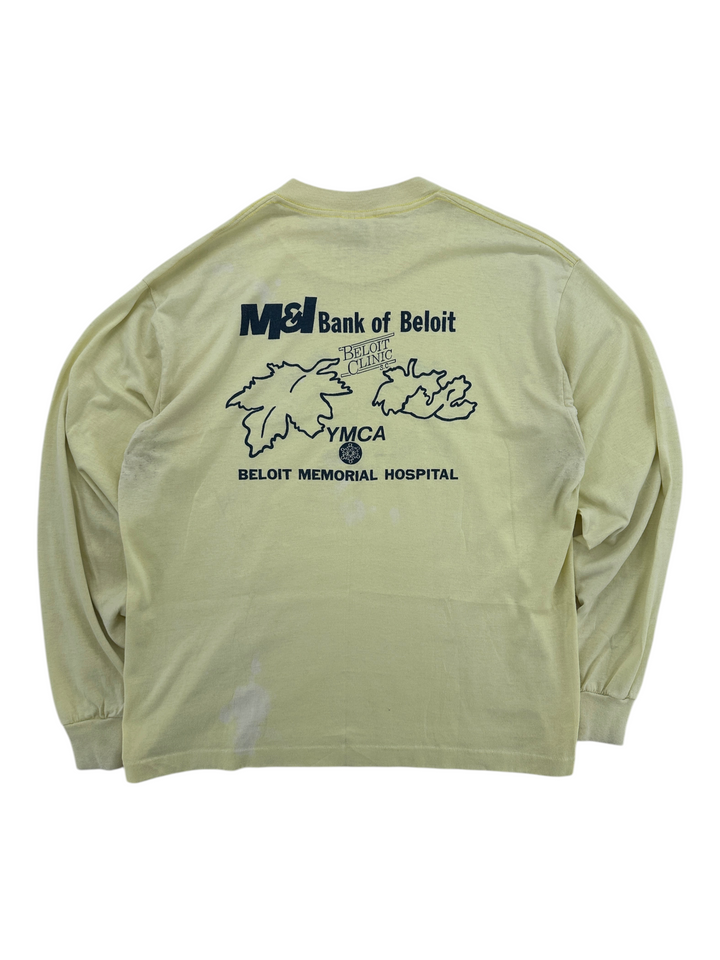 Exile Vintage 1980s pale yellow long sleeve T-shirt with Beloit Fall Run graphic print on the back