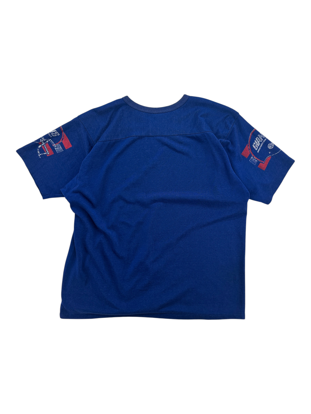 Exile Vintage 1980s New York Giants blue jersey with graphic sleeve details, size XL, back view