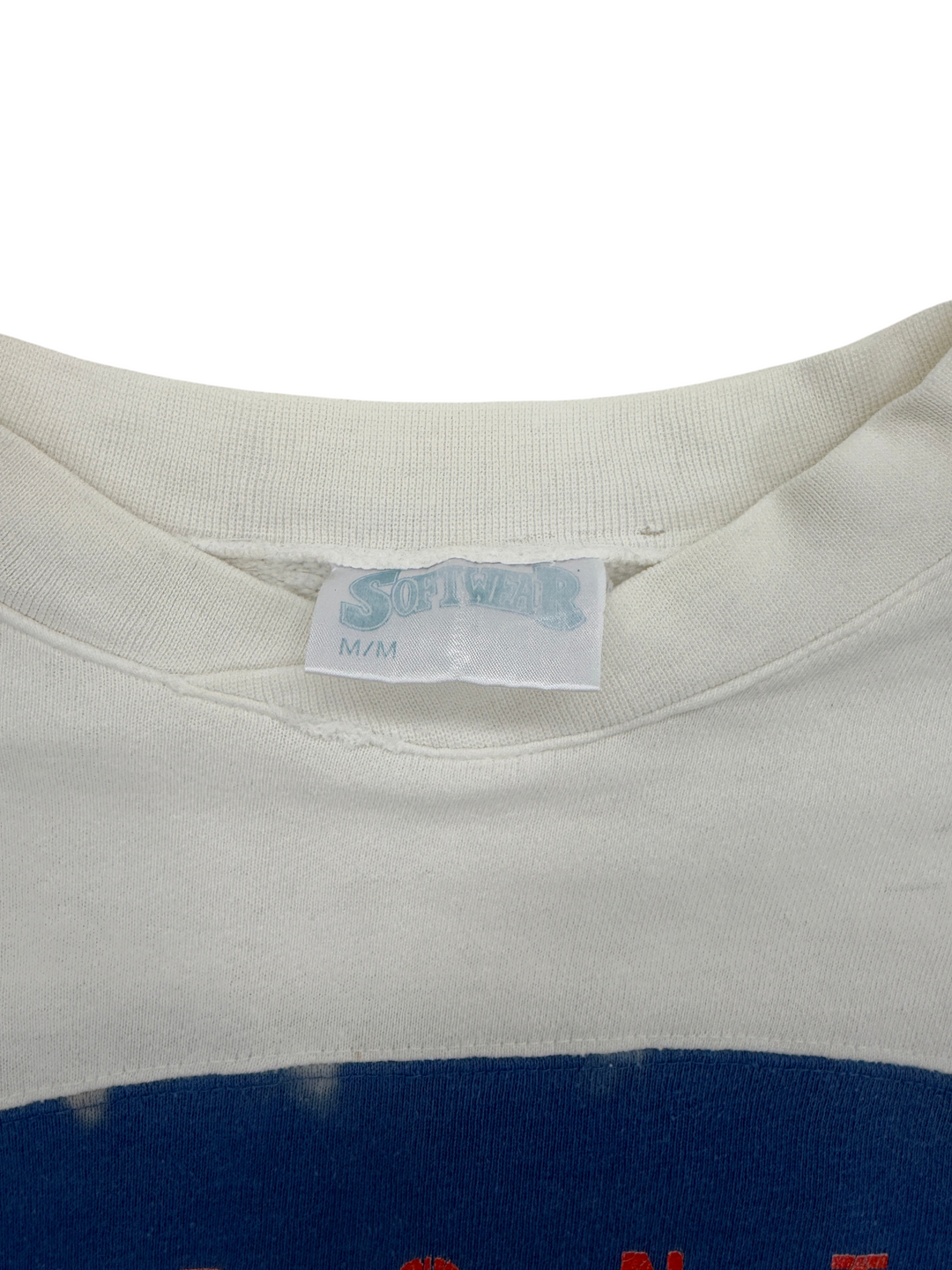 Exile Vintage white crewneck sweatshirt tag detail showing Softwear brand label and size M