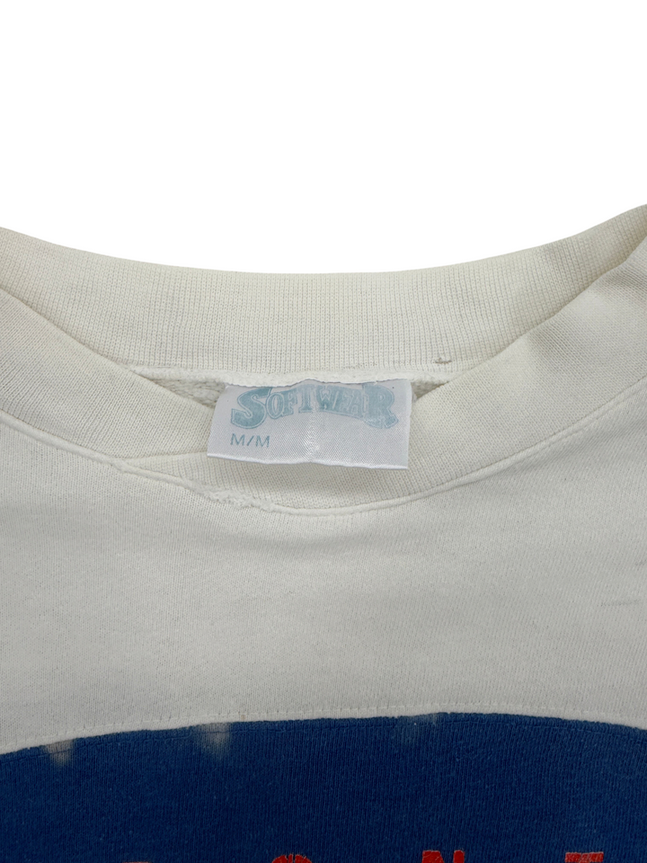 Exile Vintage white crewneck sweatshirt tag detail showing Softwear brand label and size M