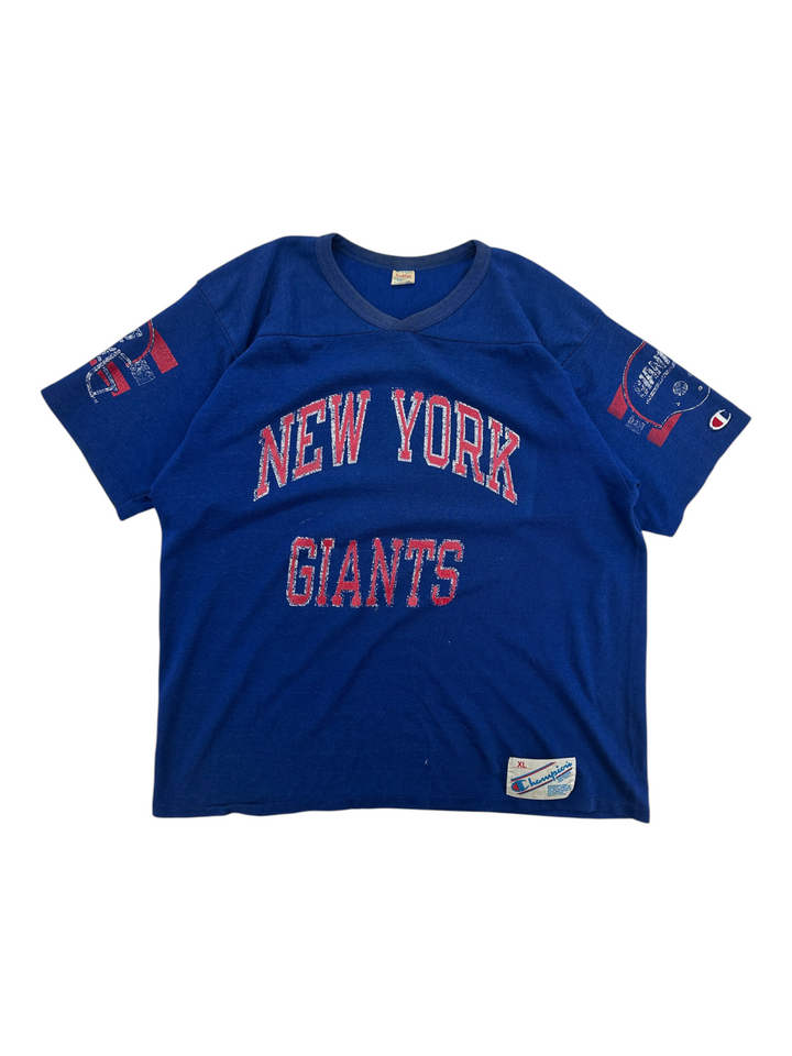 Exile Vintage 1980s blue New York Giants jersey with red distressed lettering and Champion branding on the sleeve