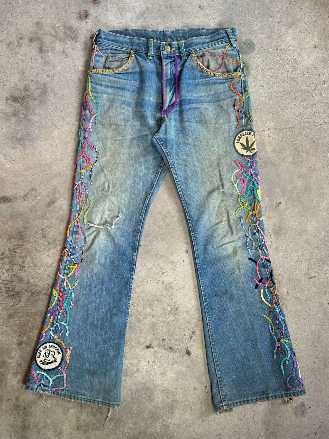 1970s - Lee Hand Embroidered Flared Denim Jeans “Legalize Pot”