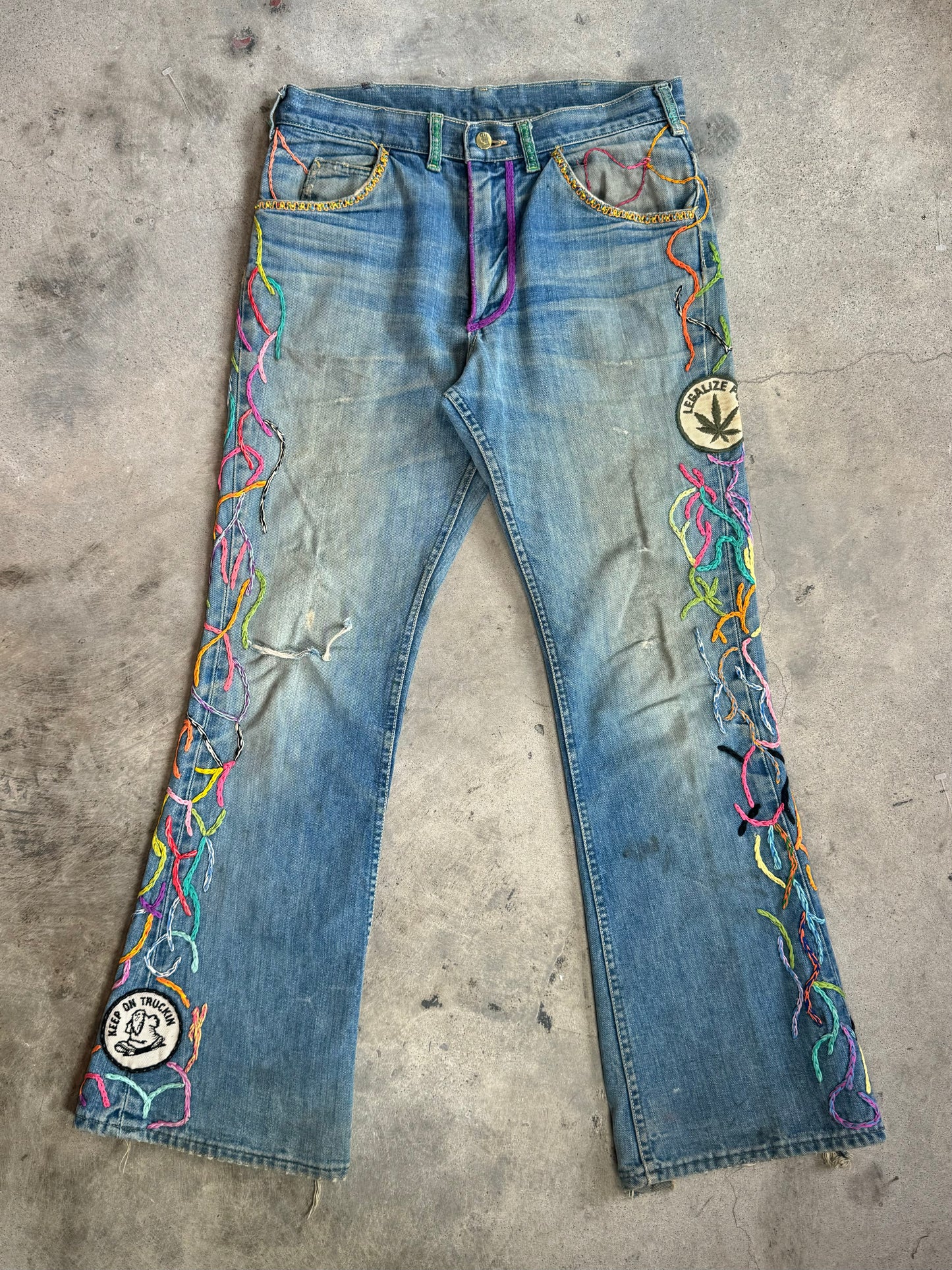 1970s - Lee Hand Embroidered Flared Denim Jeans “Legalize Pot”