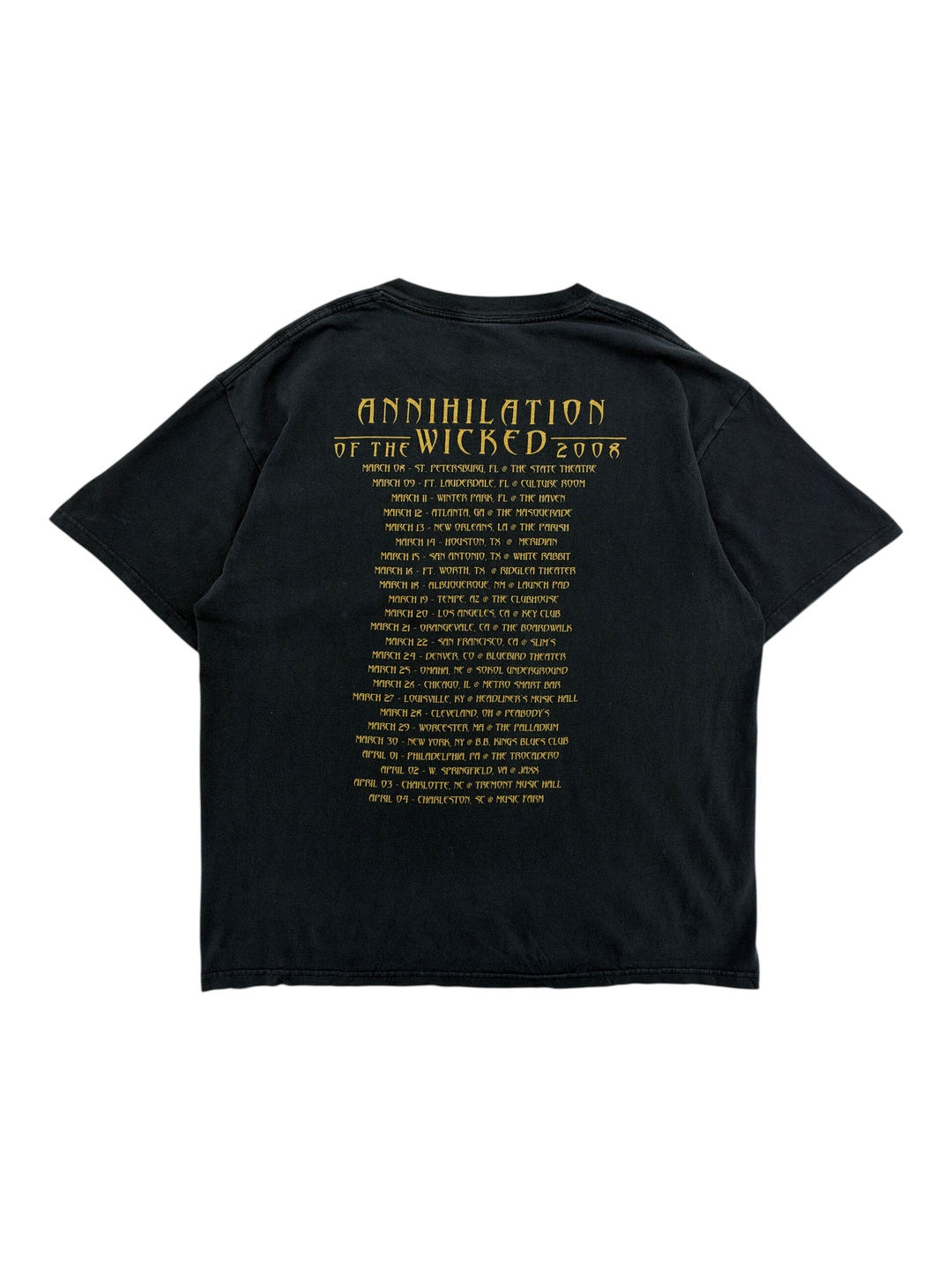 Exile Vintage black 2008 Nile Annihilation of the Wicked tour t-shirt back view with gold band tour dates