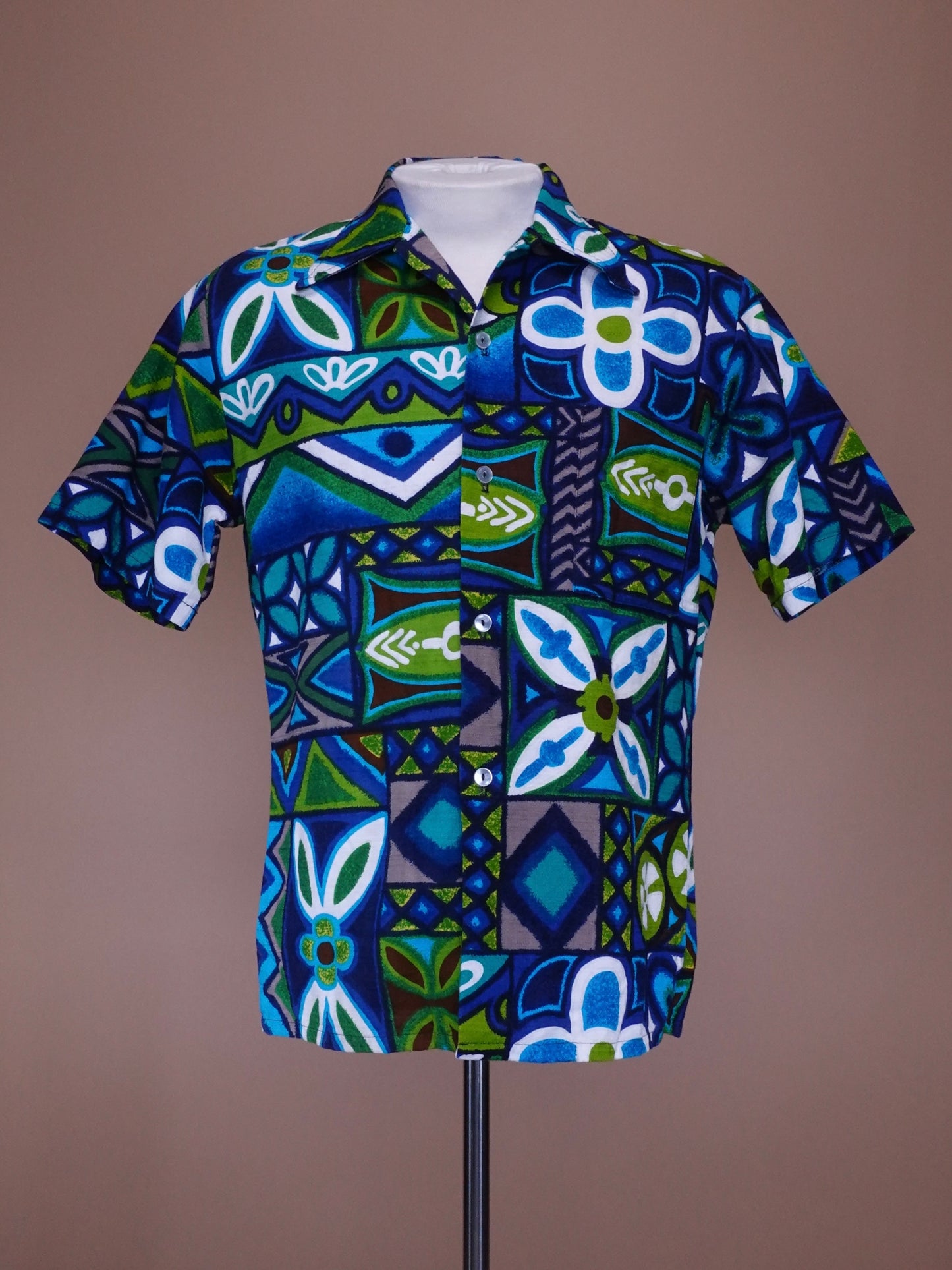 1960s - Brent by Montgomery Ward Blue Green Bar Cloth Hawaiian Shirt