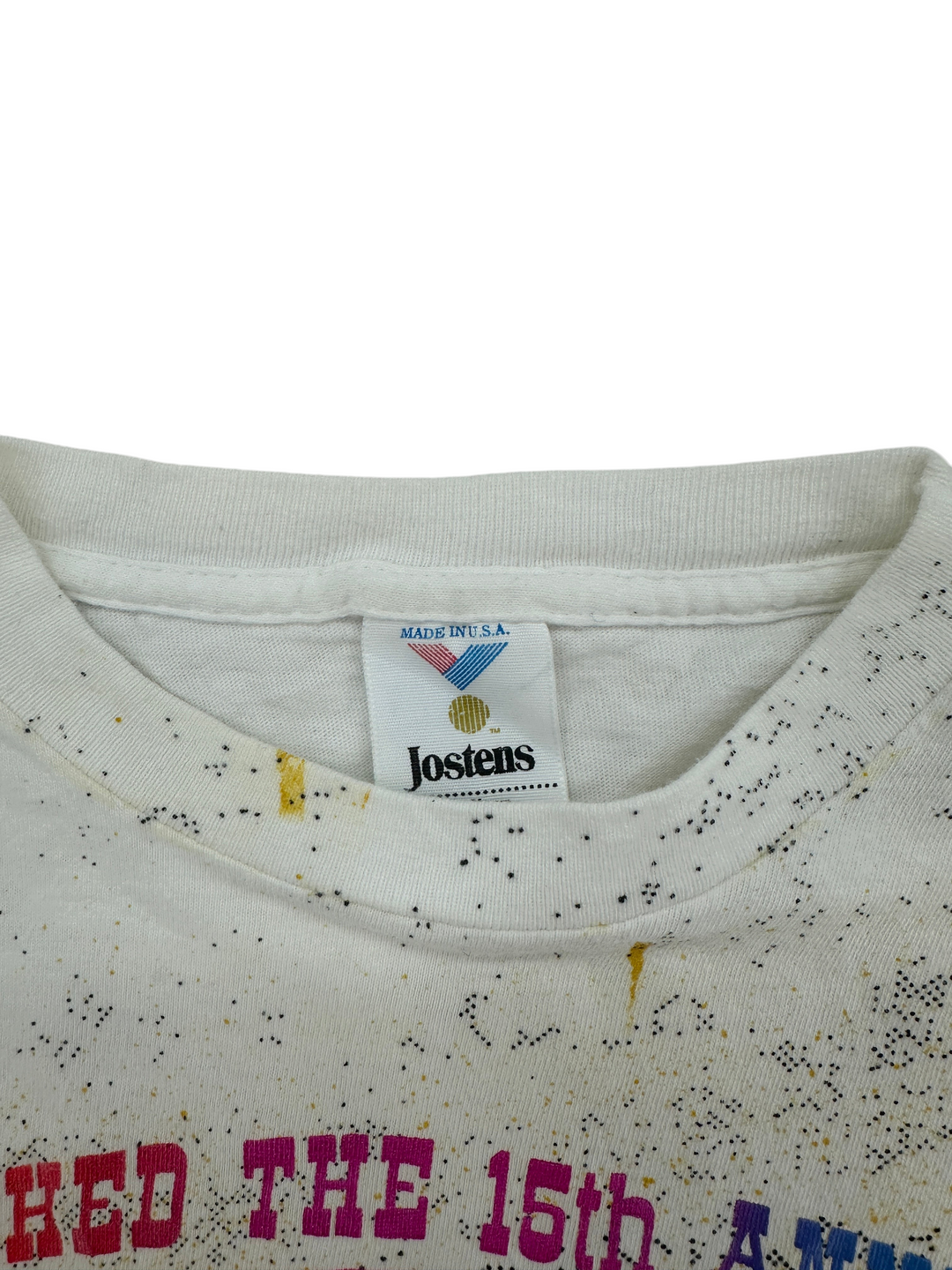 Exile Vintage 1990s white cotton t-shirt with Jostens Made in USA neck label and paint splatter detail