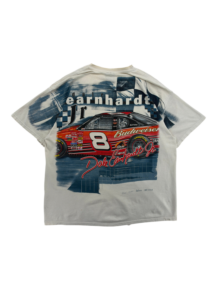 Exile Vintage 2000s Dale Earnhardt Jr. Nascar all-over print graphic t-shirt in white with Budweiser race car design.