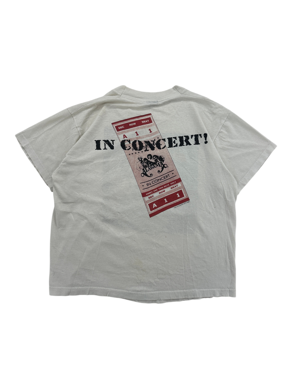 Exile Vintage 1980s Alabama band tour t-shirt in white with a red concert ticket graphic on the back